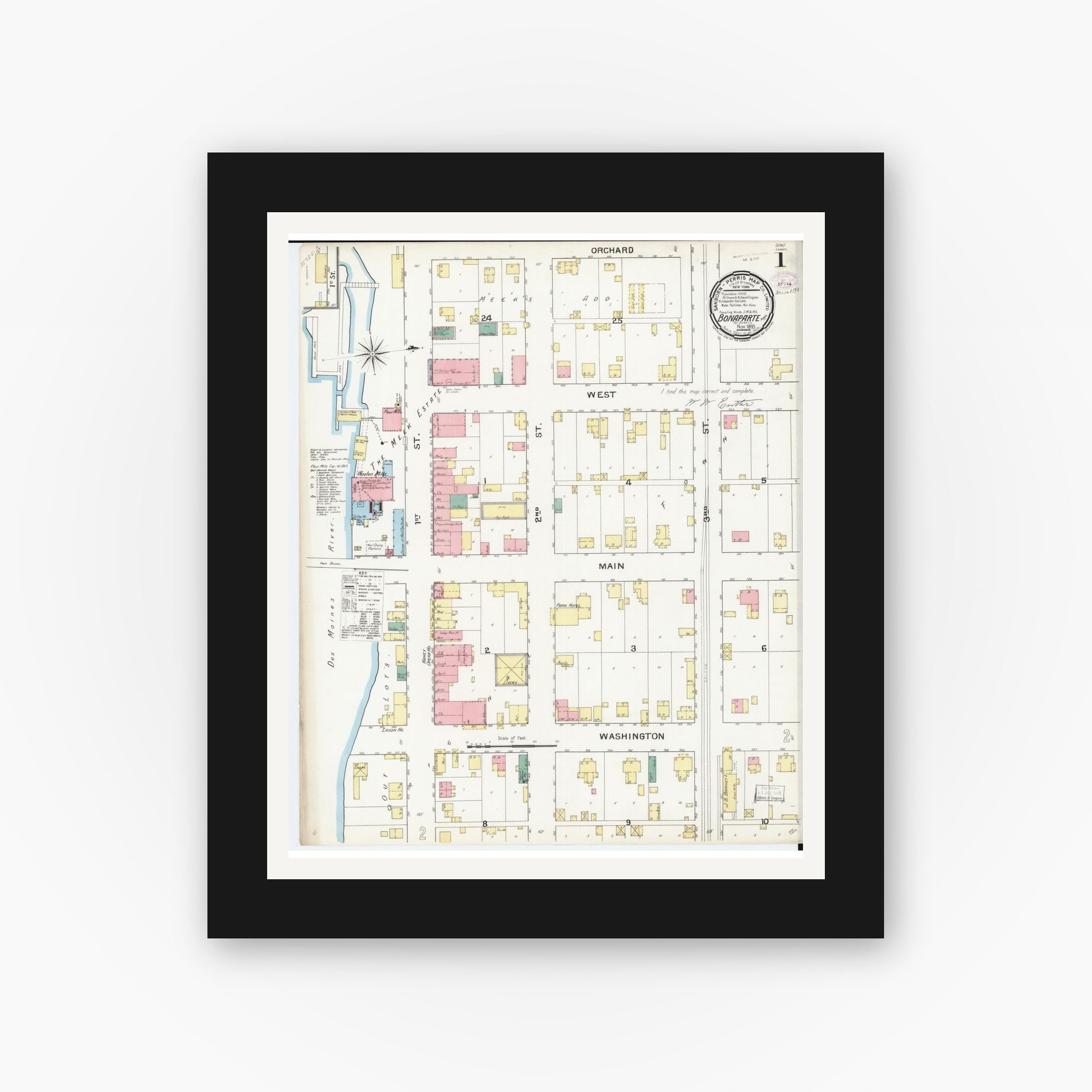 Old map wall art mockup — black gallery frame with white mat — Sanborn Fire Insurance Map from Bonaparte, Van Buren County, Iowa (1893) â€” Complete Set