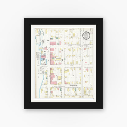 Old map wall art mockup — black gallery frame with white mat — Sanborn Fire Insurance Map from Bonaparte, Van Buren County, Iowa (1893) â€” Complete Set