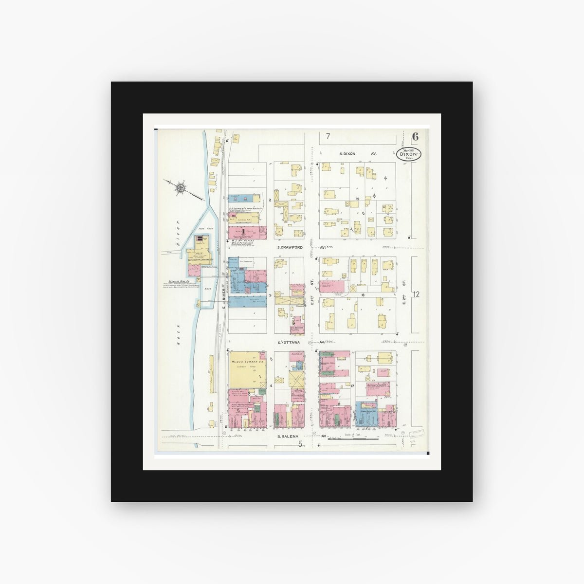 Old map wall art mockup — black gallery frame with white mat — Sanborn Fire Insurance Map from Dixon, Lee County, Illinois (1910), Sheet #0006