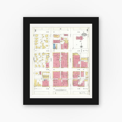 Old map wall art mockup — black gallery frame with white mat — Sanborn Fire Insurance Map from Taylor, Williamson County, Texas (1923), Sheet #0002