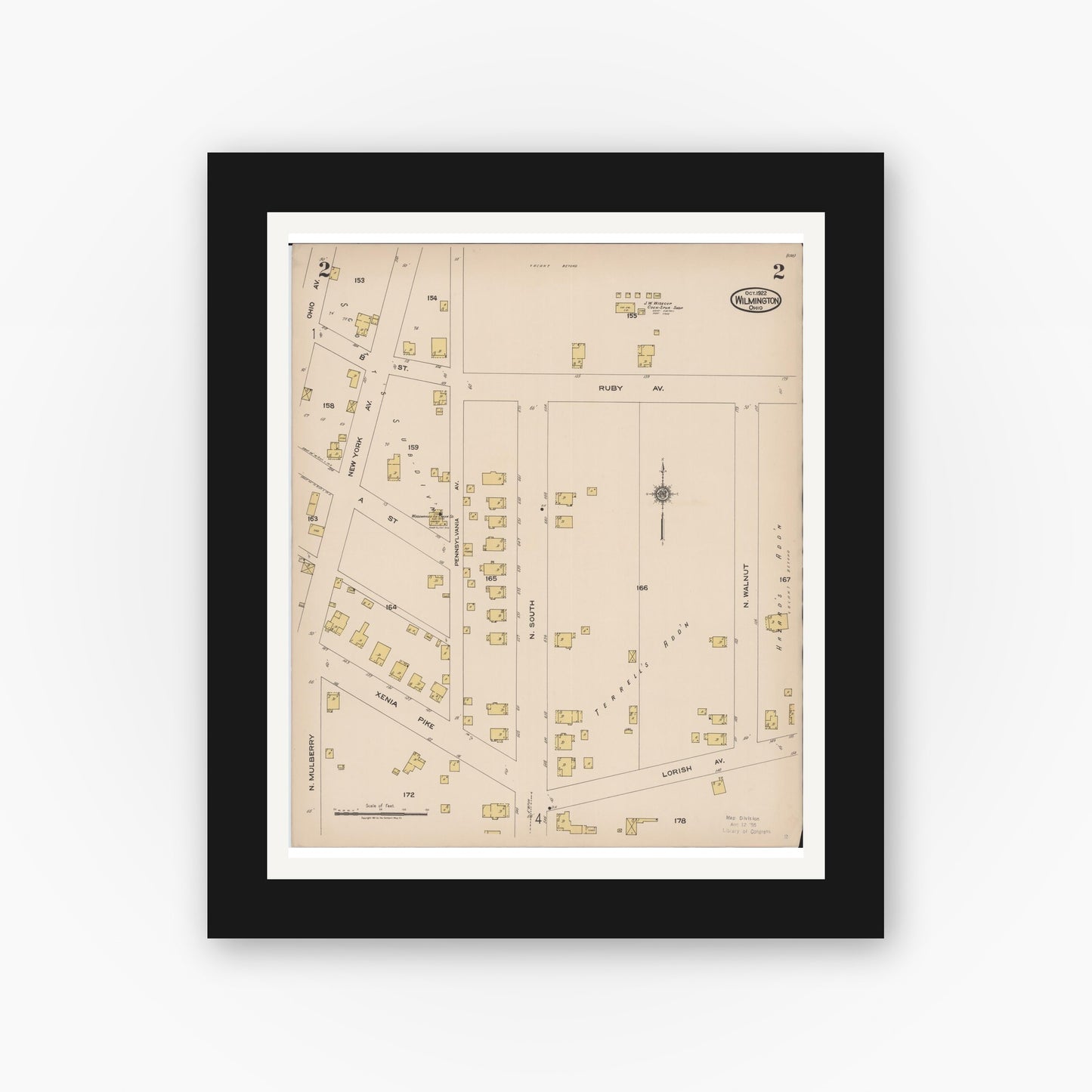 Old map wall art mockup — black gallery frame with white mat — Sanborn Fire Insurance Map from Wilmington, Clinton County, Ohio (1922), Sheet #0002