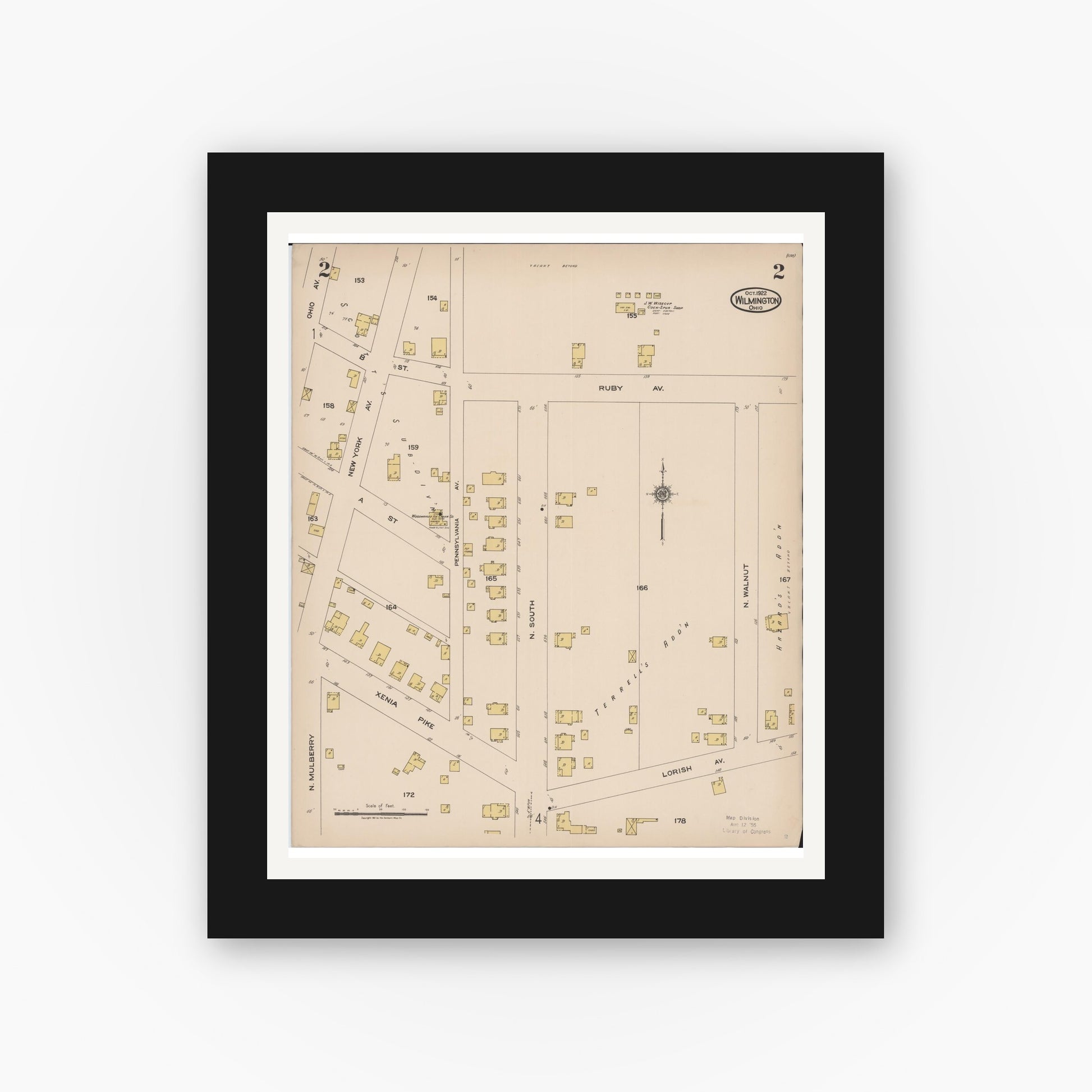 Old map wall art mockup — black gallery frame with white mat — Sanborn Fire Insurance Map from Wilmington, Clinton County, Ohio (1922), Sheet #0002