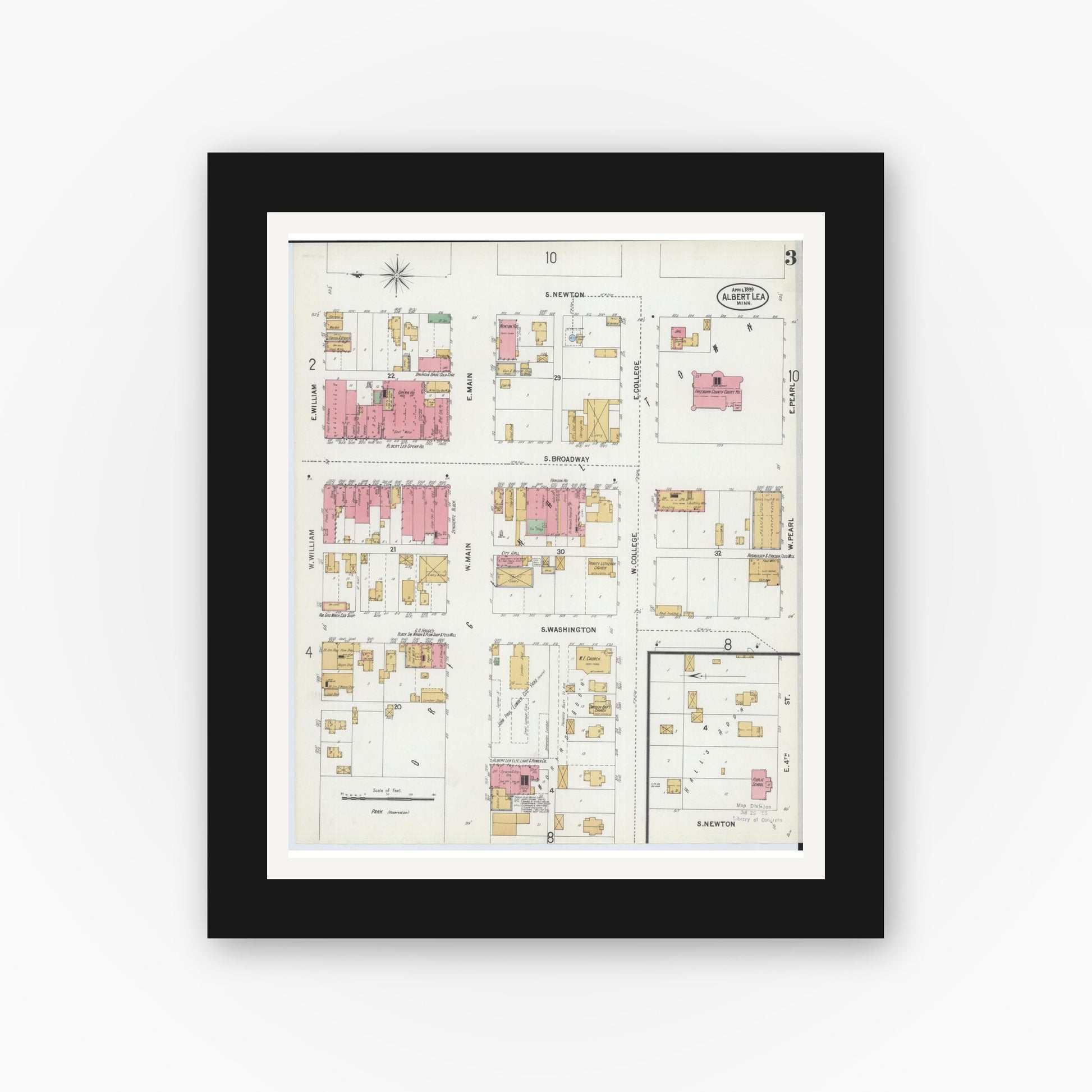Old map wall art mockup — black gallery frame with white mat — Sanborn Fire Insurance Map from Albert Lea, Freeborn County, Minnesota (1899), Sheet #0003