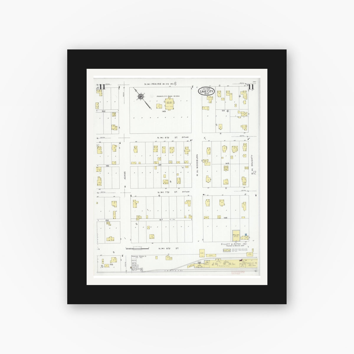 Old map wall art mockup — black gallery frame with white mat — Sanborn Fire Insurance Map from Lake City, Wabasha County, Minnesota (1930), Sheet #0011