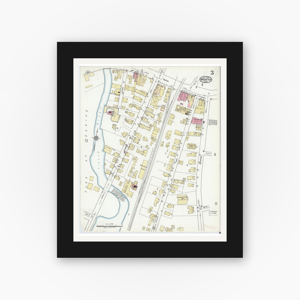 Old map wall art mockup — black gallery frame with white mat — Sanborn Fire Insurance Map from Webster, Worcester County, Massachusetts (1920), Sheet #0003