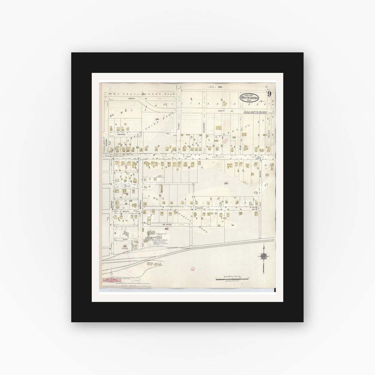Old map wall art mockup — black gallery frame with white mat — Sanborn Fire Insurance Map from Whitesboro, Grayson County, Texas (1943), Sheet #0009