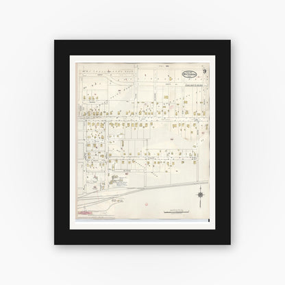 Old map wall art mockup — black gallery frame with white mat — Sanborn Fire Insurance Map from Whitesboro, Grayson County, Texas (1943), Sheet #0009