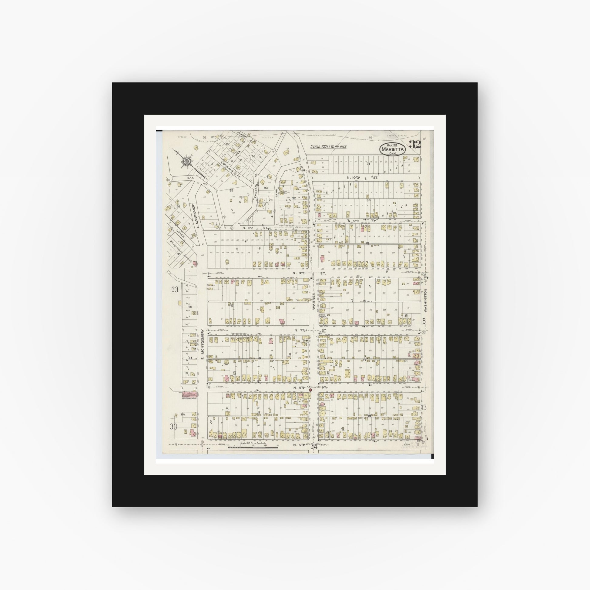 Old map wall art mockup — black gallery frame with white mat — Sanborn Fire Insurance Map from Marietta, Washington County, Ohio (1915), Sheet #0032