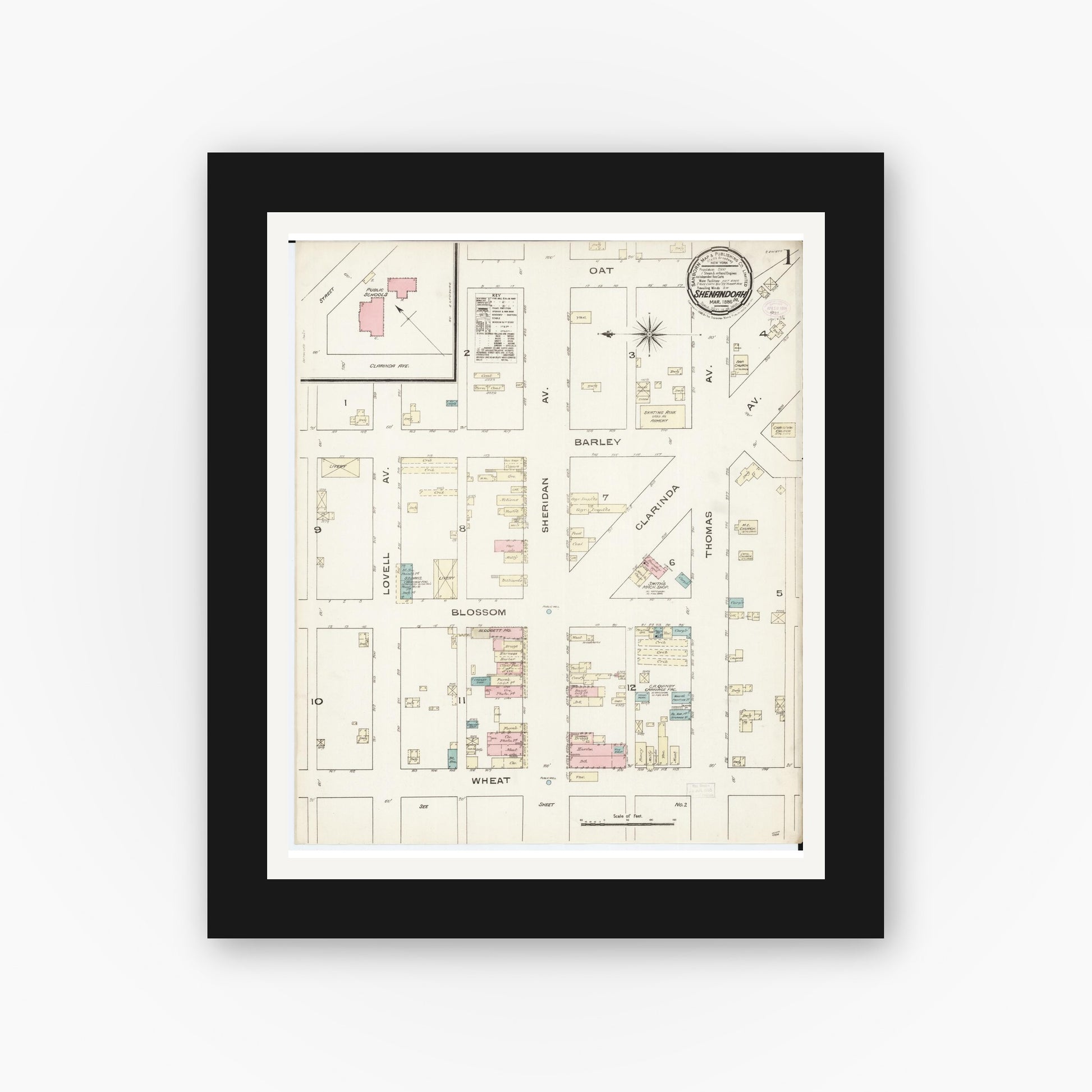 Old map wall art mockup — black gallery frame with white mat — Sanborn Fire Insurance Map from Shenandoah, Page County, Iowa (1886), Sheet #0001