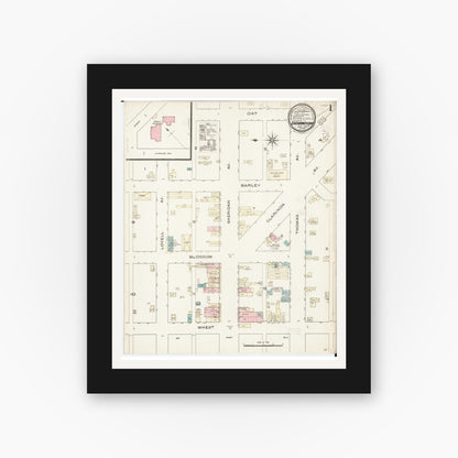 Old map wall art mockup — black gallery frame with white mat — Sanborn Fire Insurance Map from Shenandoah, Page County, Iowa (1886), Sheet #0001
