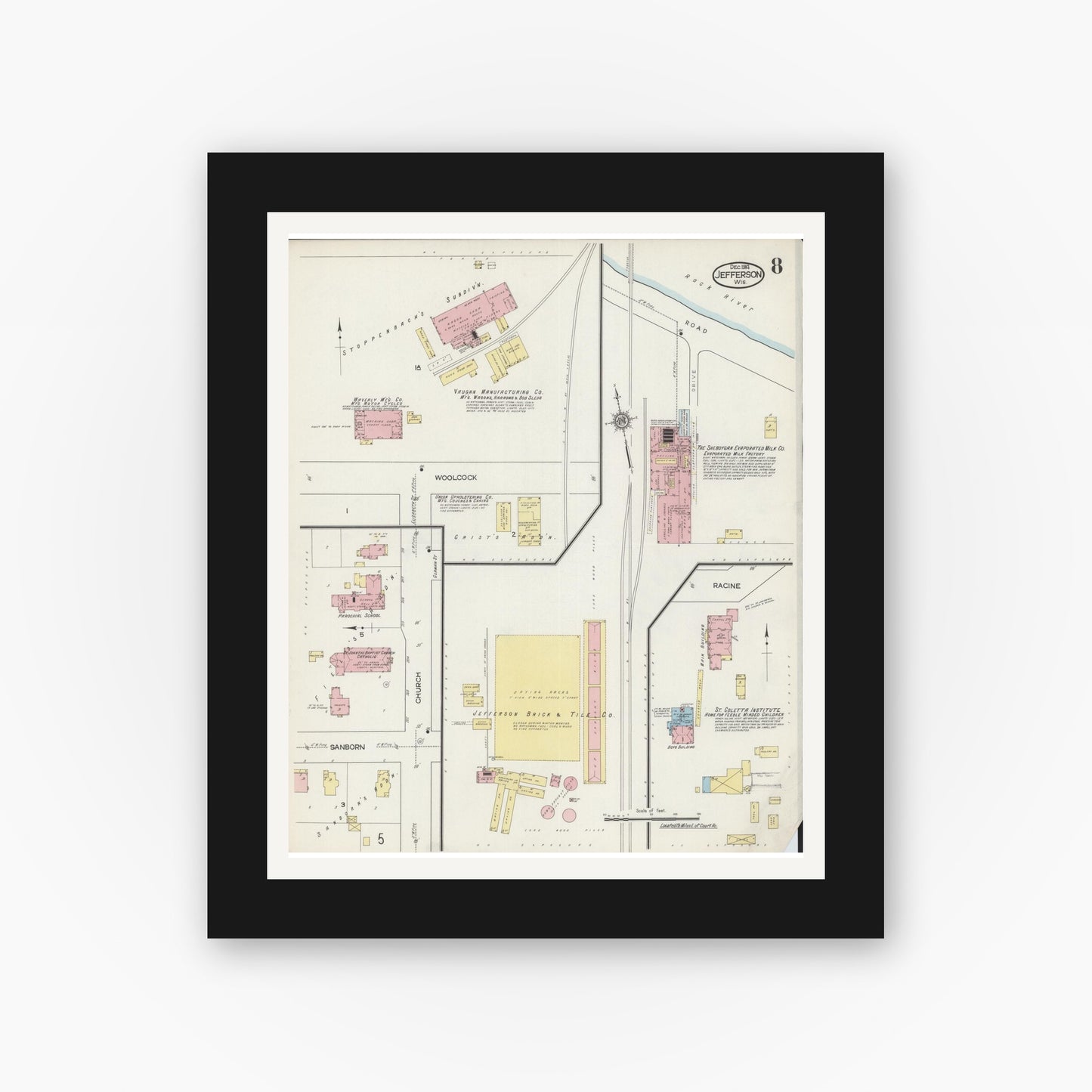 Old map wall art mockup — black gallery frame with white mat — Sanborn Fire Insurance Map from Jefferson, Jefferson County, Wisconsin (1914), Sheet #0008