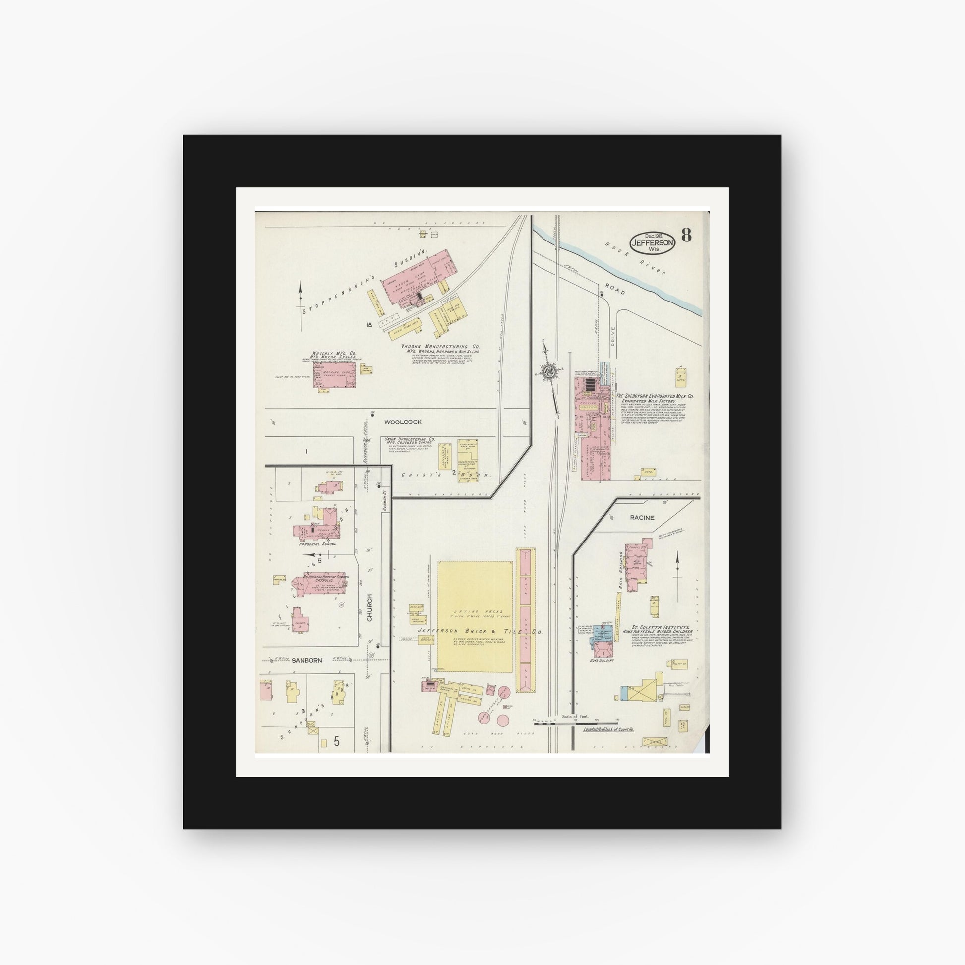 Old map wall art mockup — black gallery frame with white mat — Sanborn Fire Insurance Map from Jefferson, Jefferson County, Wisconsin (1914), Sheet #0008