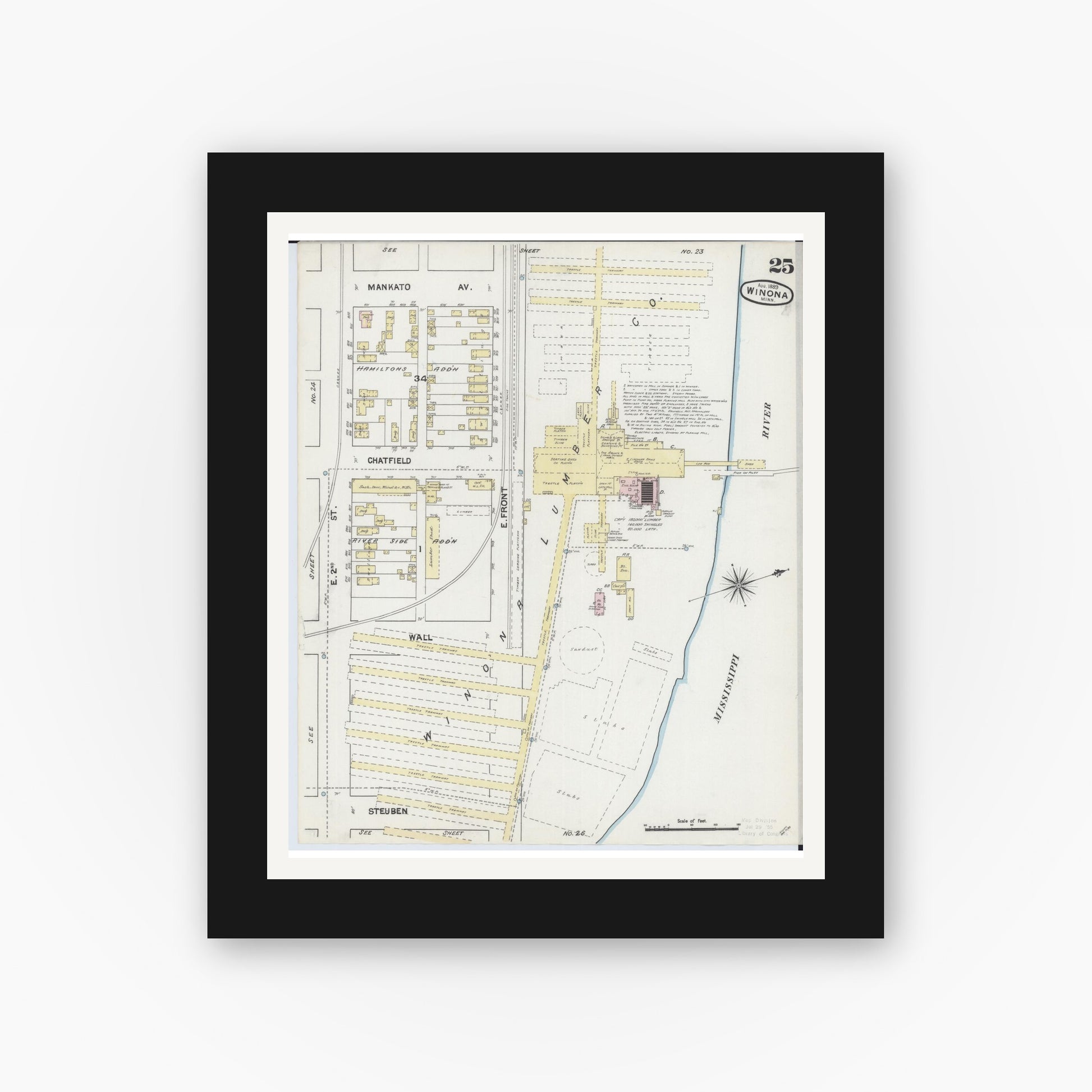 Old map wall art mockup — black gallery frame with white mat — Sanborn Fire Insurance Map from Winona, Winona County, Minnesota (1889), Sheet #0025