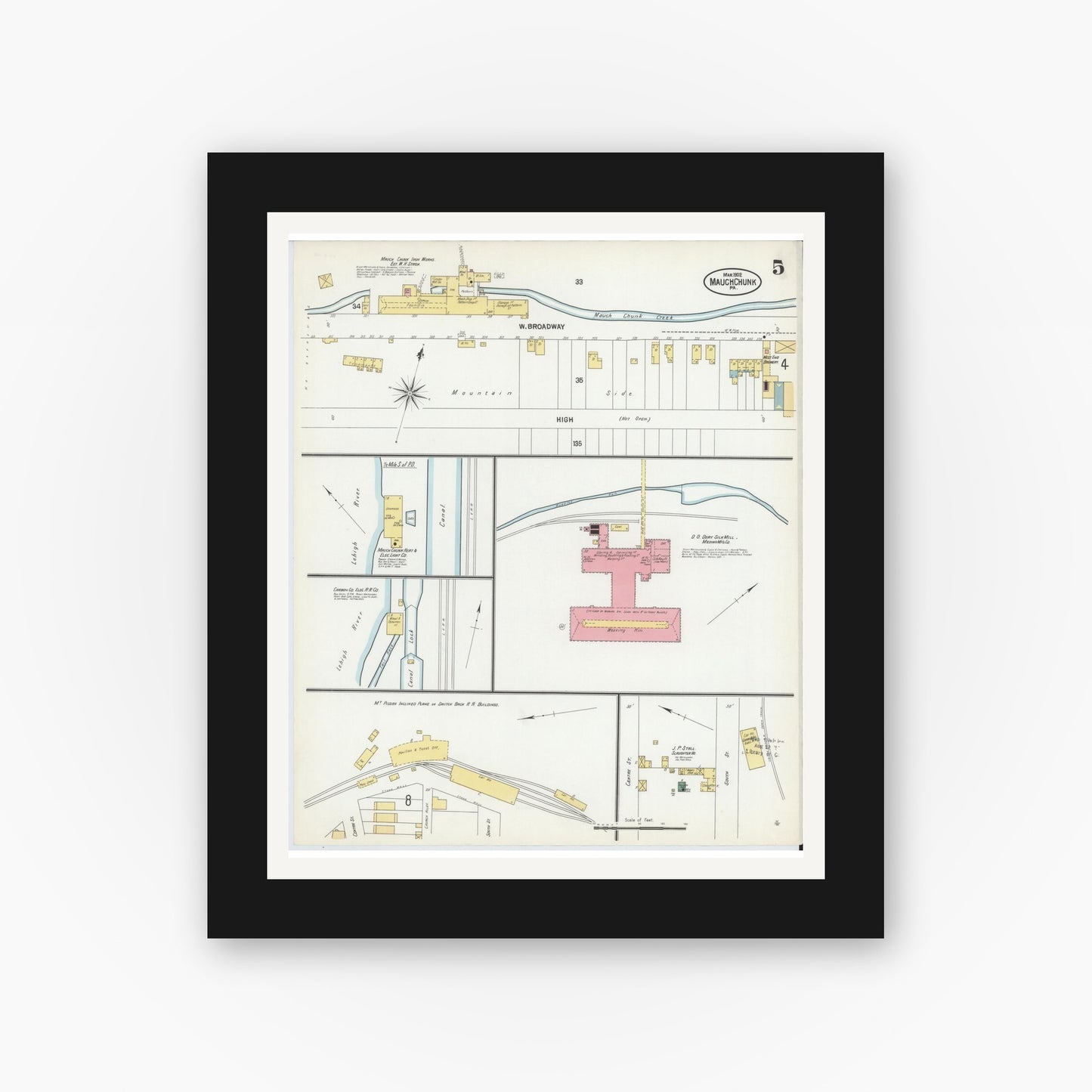 Old map wall art mockup — black gallery frame with white mat — Sanborn Fire Insurance Map from Mauch Chunk, Carbon County, Pennsylvania (1902), Sheet #0005