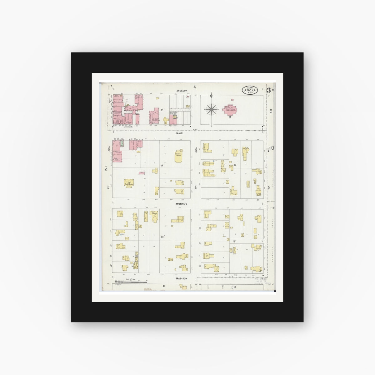 Old map wall art mockup — black gallery frame with white mat — Sanborn Fire Insurance Map from Anoka, Anoka County, Minnesota (1898), Sheet #0003