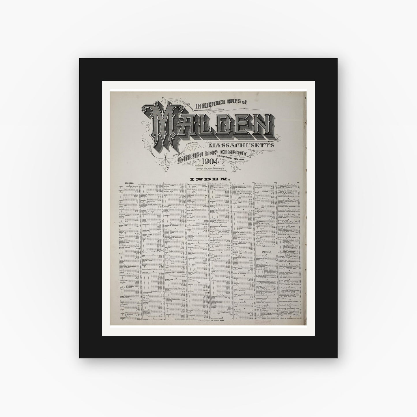 Old map wall art mockup — black gallery frame with white mat — Sanborn Fire Insurance Map from Malden, Middlesex County, Massachusetts (1904), Sheet #0001