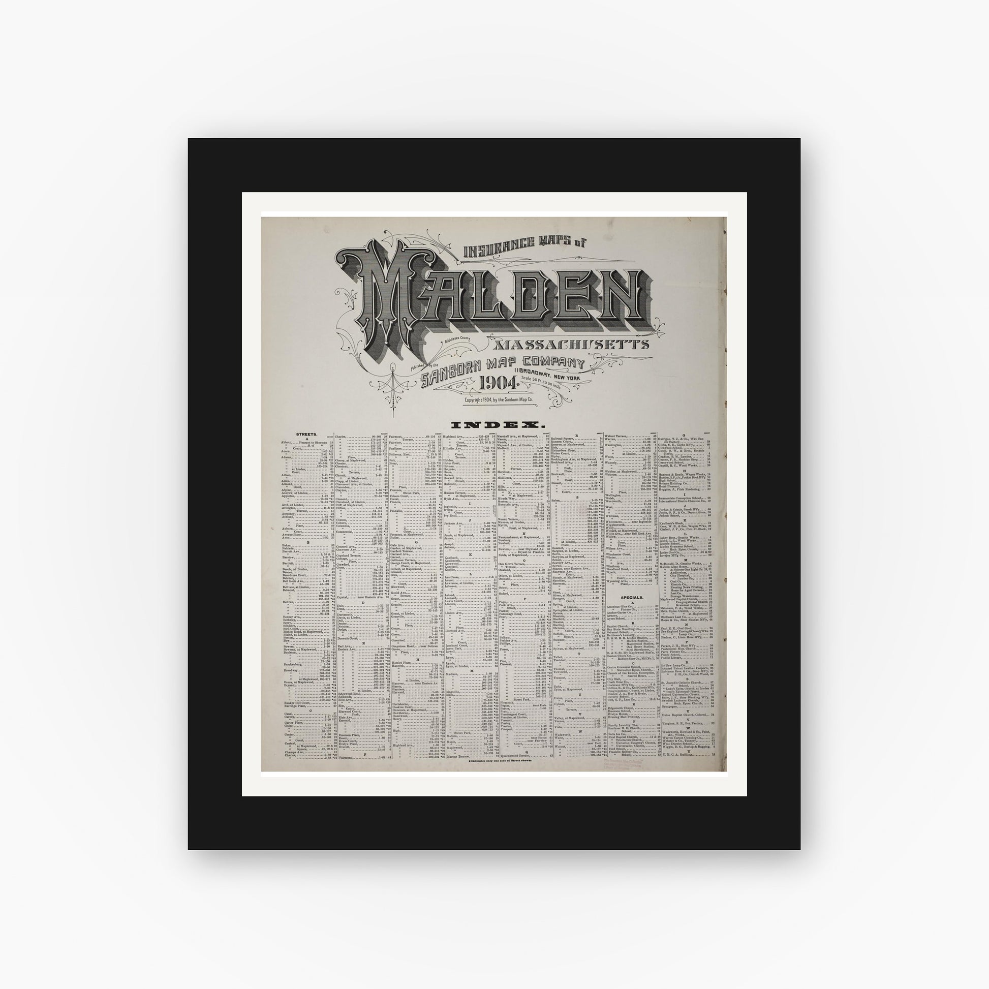 Old map wall art mockup — black gallery frame with white mat — Sanborn Fire Insurance Map from Malden, Middlesex County, Massachusetts (1904), Sheet #0001