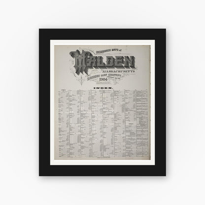 Old map wall art mockup — black gallery frame with white mat — Sanborn Fire Insurance Map from Malden, Middlesex County, Massachusetts (1904), Sheet #0001