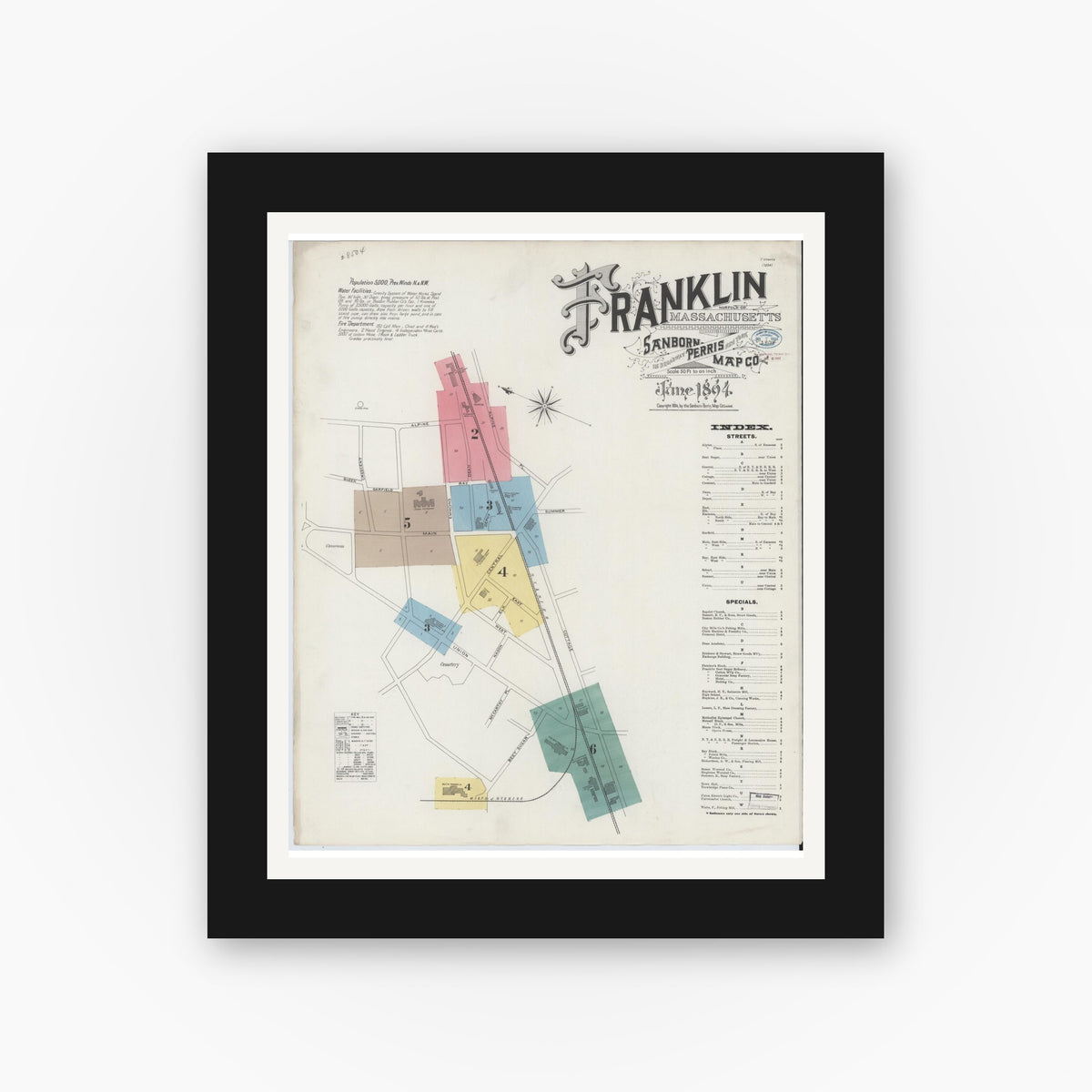 Old map wall art mockup — black gallery frame with white mat — Sanborn Fire Insurance Map from Franklin, Norfolk County, Massachusetts (1894) - Complete Map Set