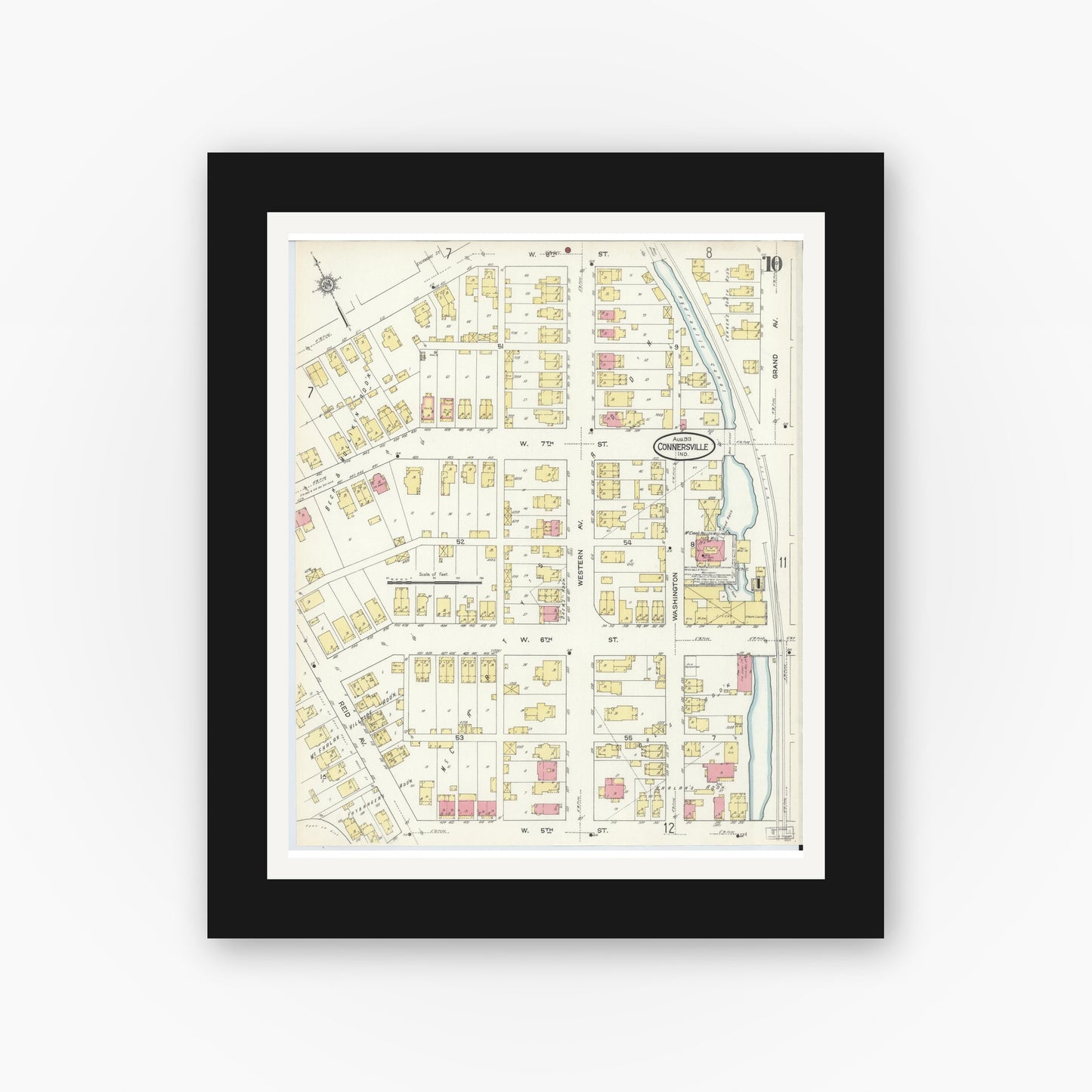 Old map wall art mockup — black gallery frame with white mat — Sanborn Fire Insurance Map from Connersville, Fayette County, Indiana (1913), Sheet #0010