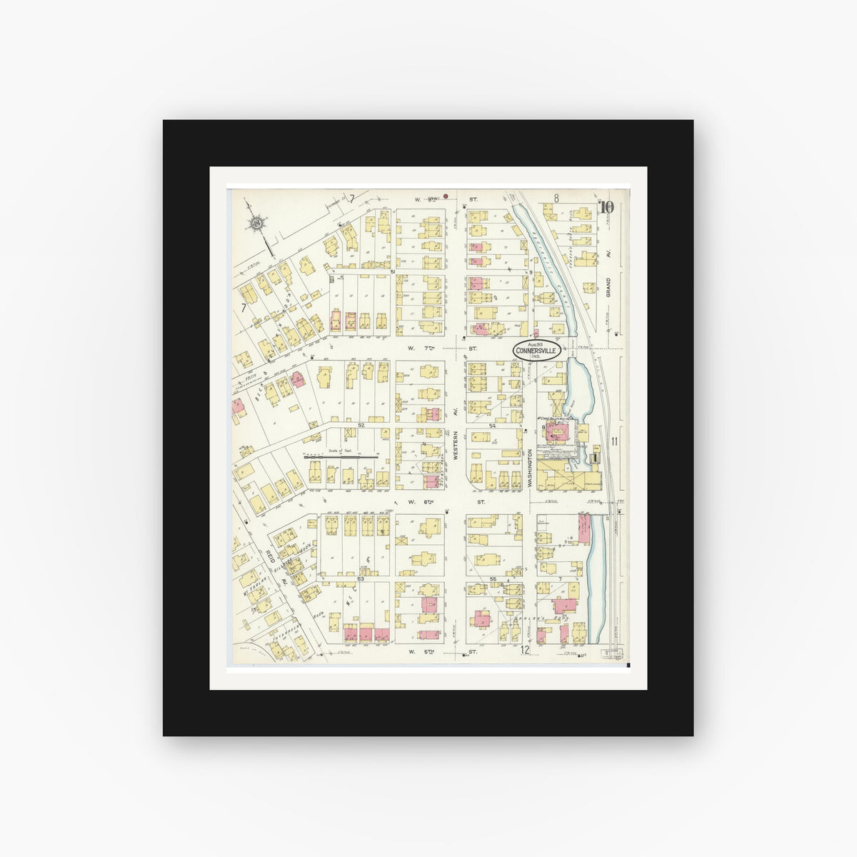 Old map wall art mockup — black gallery frame with white mat — Sanborn Fire Insurance Map from Connersville, Fayette County, Indiana (1913), Sheet #0010