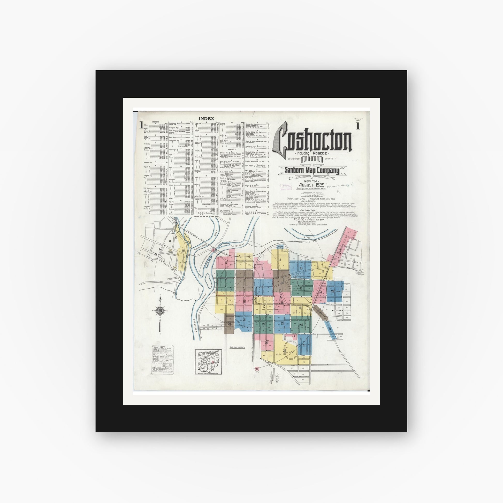 Old map wall art mockup — black gallery frame with white mat — Sanborn Fire Insurance Map from Coshocton, Coshocton County, Ohio (1925), Sheet #0001