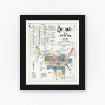 Old map wall art mockup — black gallery frame with white mat — Sanborn Fire Insurance Map from Coshocton, Coshocton County, Ohio (1925), Sheet #0001