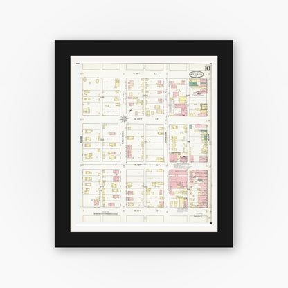 Old map wall art mockup — black gallery frame with white mat — Sanborn Fire Insurance Map from Keokuk, Lee County, Iowa (1893), Sheet #0010