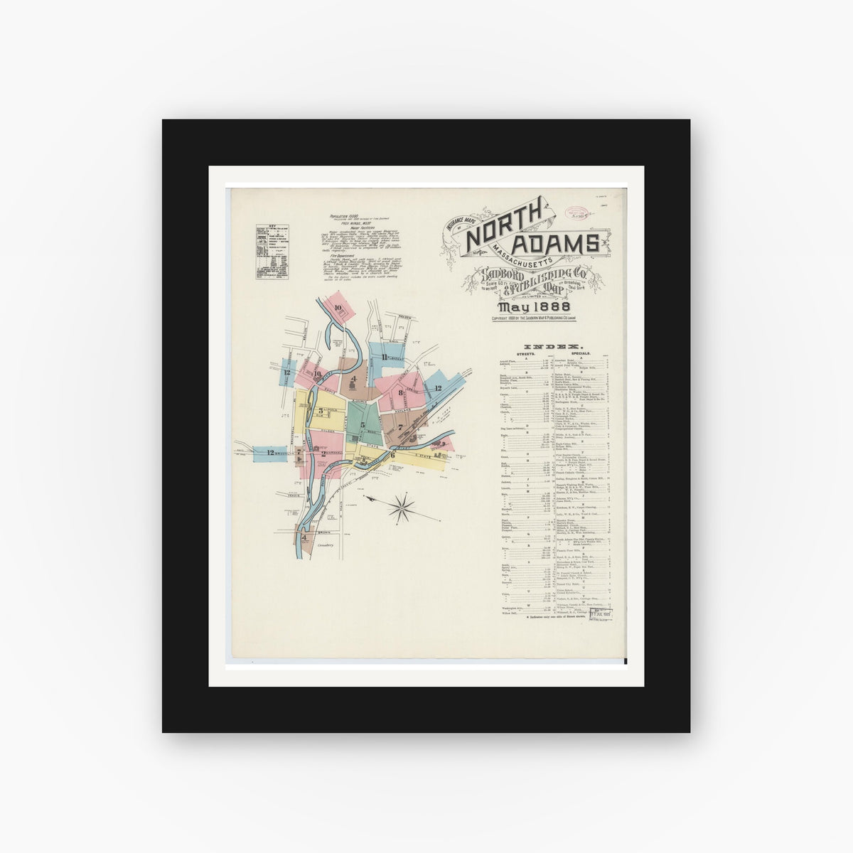 Old map wall art mockup — black gallery frame with white mat — Sanborn Fire Insurance Map from North Adams, Berkshire County, Massachusetts (1888), Sheet #0001