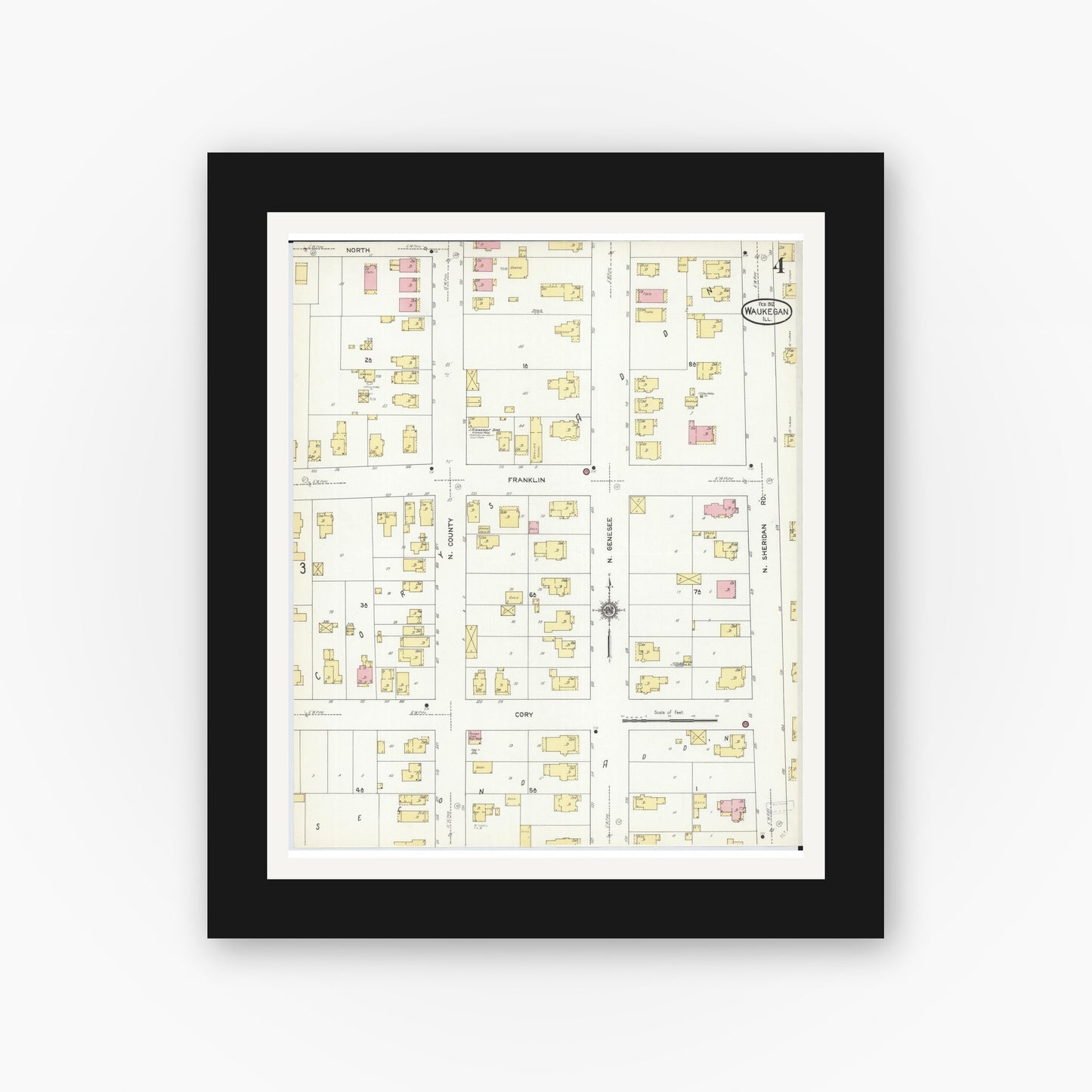 Old map wall art mockup — black gallery frame with white mat — Sanborn Fire Insurance Map from Waukegan, Lake County, Illinois (1912), Sheet #0004