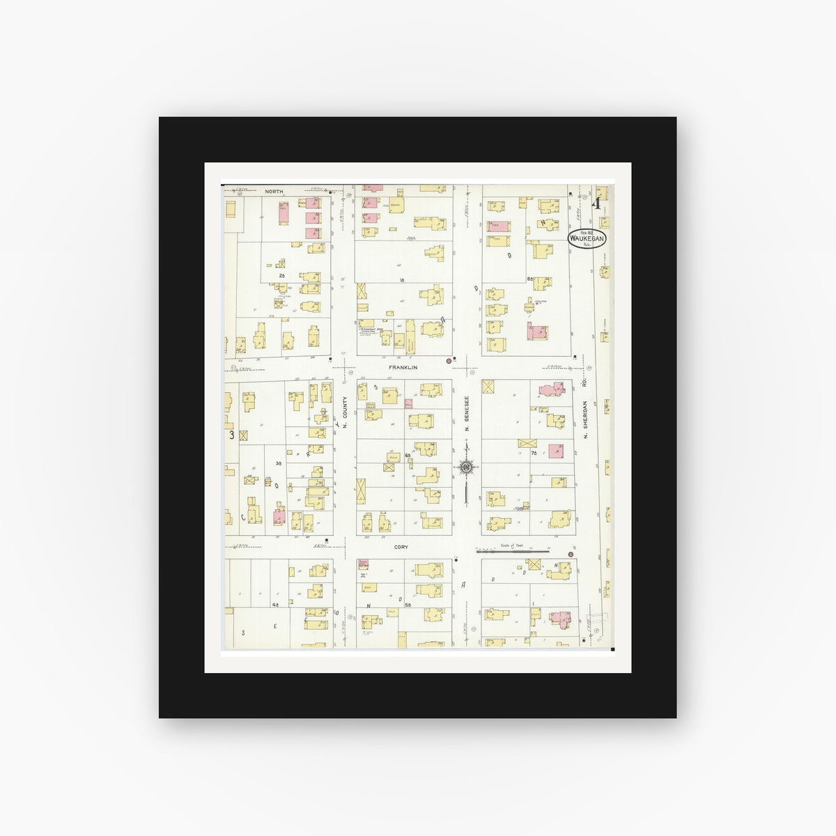 Old map wall art mockup — black gallery frame with white mat — Sanborn Fire Insurance Map from Waukegan, Lake County, Illinois (1912), Sheet #0004