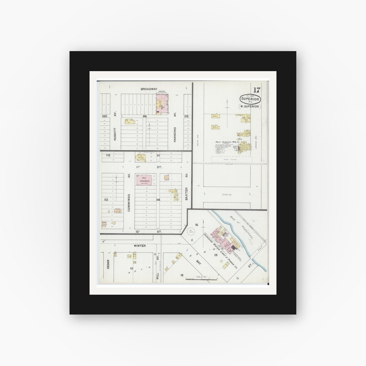 Old map wall art mockup — black gallery frame with white mat — Sanborn Fire Insurance Map from Superior, Douglas County, Wisconsin (1887), Sheet #0017