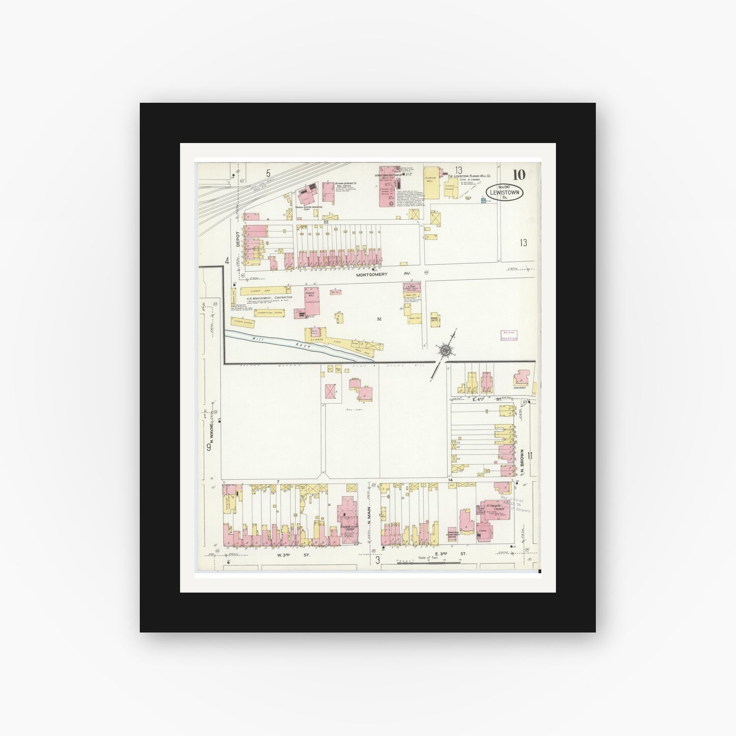Old map wall art mockup — black gallery frame with white mat — Sanborn Fire Insurance Map from Lewistown, Mifflin County, Pennsylvania (1910), Sheet #0010