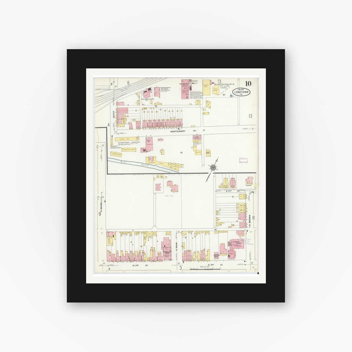 Old map wall art mockup — black gallery frame with white mat — Sanborn Fire Insurance Map from Lewistown, Mifflin County, Pennsylvania (1910), Sheet #0010