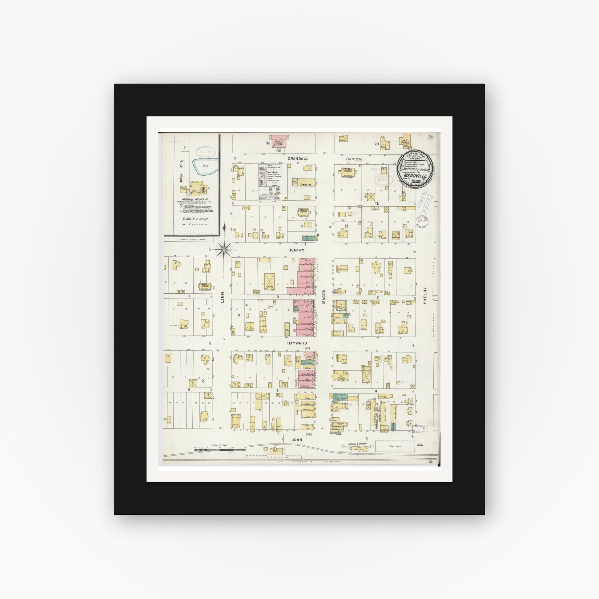 Old map wall art mockup — black gallery frame with white mat — Sanborn Fire Insurance Map from Meadville, Linn County, Missouri (1898), Sheet #0001