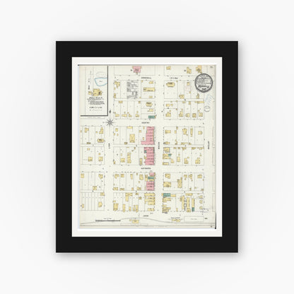 Old map wall art mockup — black gallery frame with white mat — Sanborn Fire Insurance Map from Meadville, Linn County, Missouri (1898), Sheet #0001