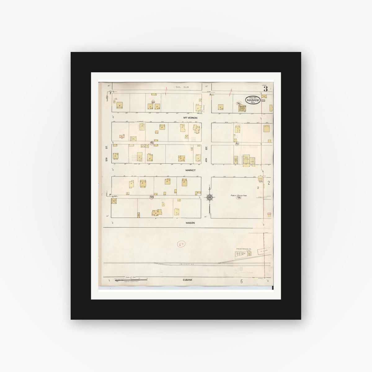Old map wall art mockup — black gallery frame with white mat — Sanborn Fire Insurance Map from Mabank, Kaufman County, Texas (1934), Sheet #0003