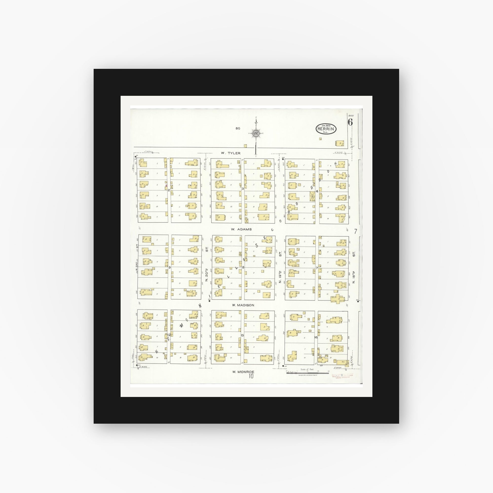 Old map wall art mockup — black gallery frame with white mat — Sanborn Fire Insurance Map from Herrin, Williamson County, Illinois (1922), Sheet #0006