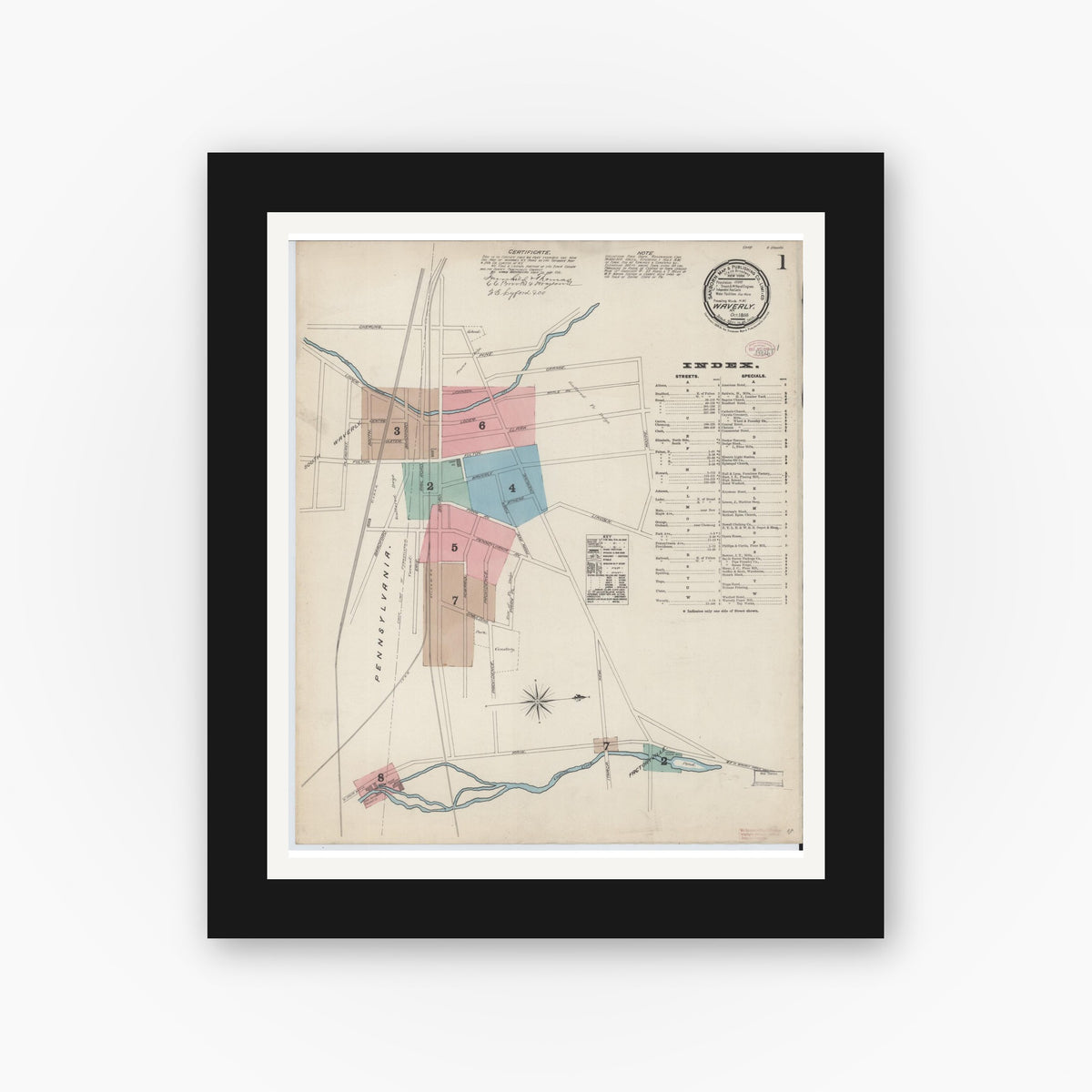 Old map wall art mockup — black gallery frame with white mat — Sanborn Fire Insurance Map from Waverly, Tioga County, New York (1888) - Complete Map Set
