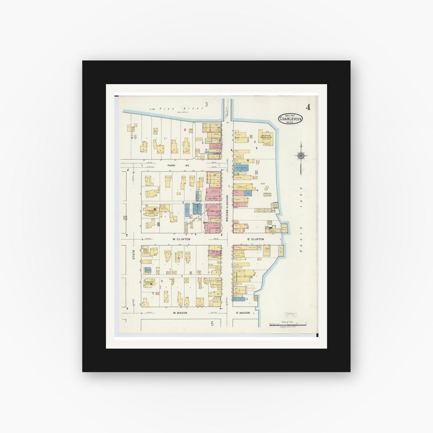 Old map wall art mockup — black gallery frame with white mat — Sanborn Fire Insurance Map from Charlevoix, Charlevoix County, Michigan (1917), Sheet #0004