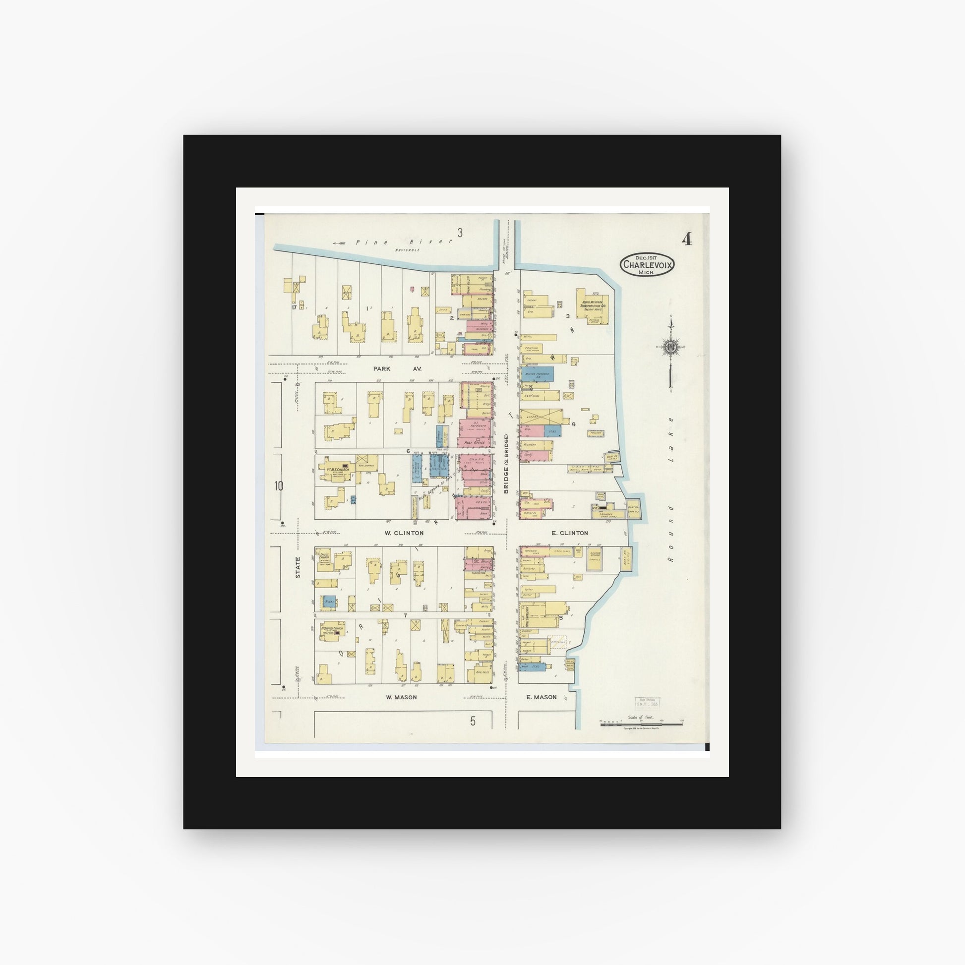 Old map wall art mockup — black gallery frame with white mat — Sanborn Fire Insurance Map from Charlevoix, Charlevoix County, Michigan (1917), Sheet #0004
