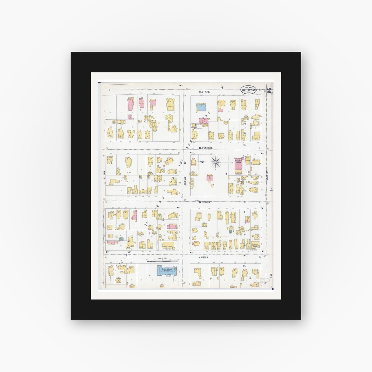 Old map wall art mockup — black gallery frame with white mat — Sanborn Fire Insurance Map from Waukegan, Lake County, Illinois (1900), Sheet #0002