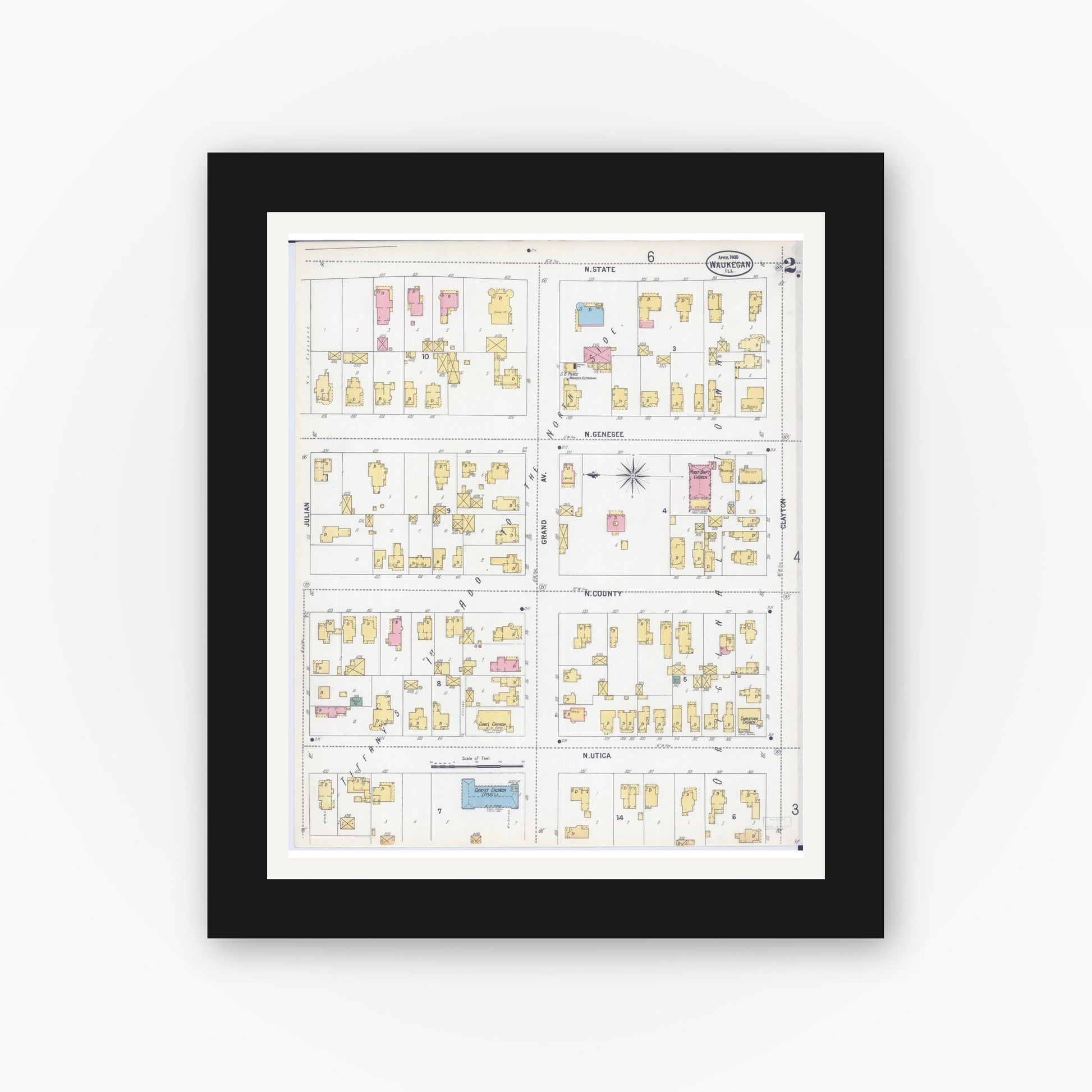 Old map wall art mockup — black gallery frame with white mat — Sanborn Fire Insurance Map from Waukegan, Lake County, Illinois (1900), Sheet #0002