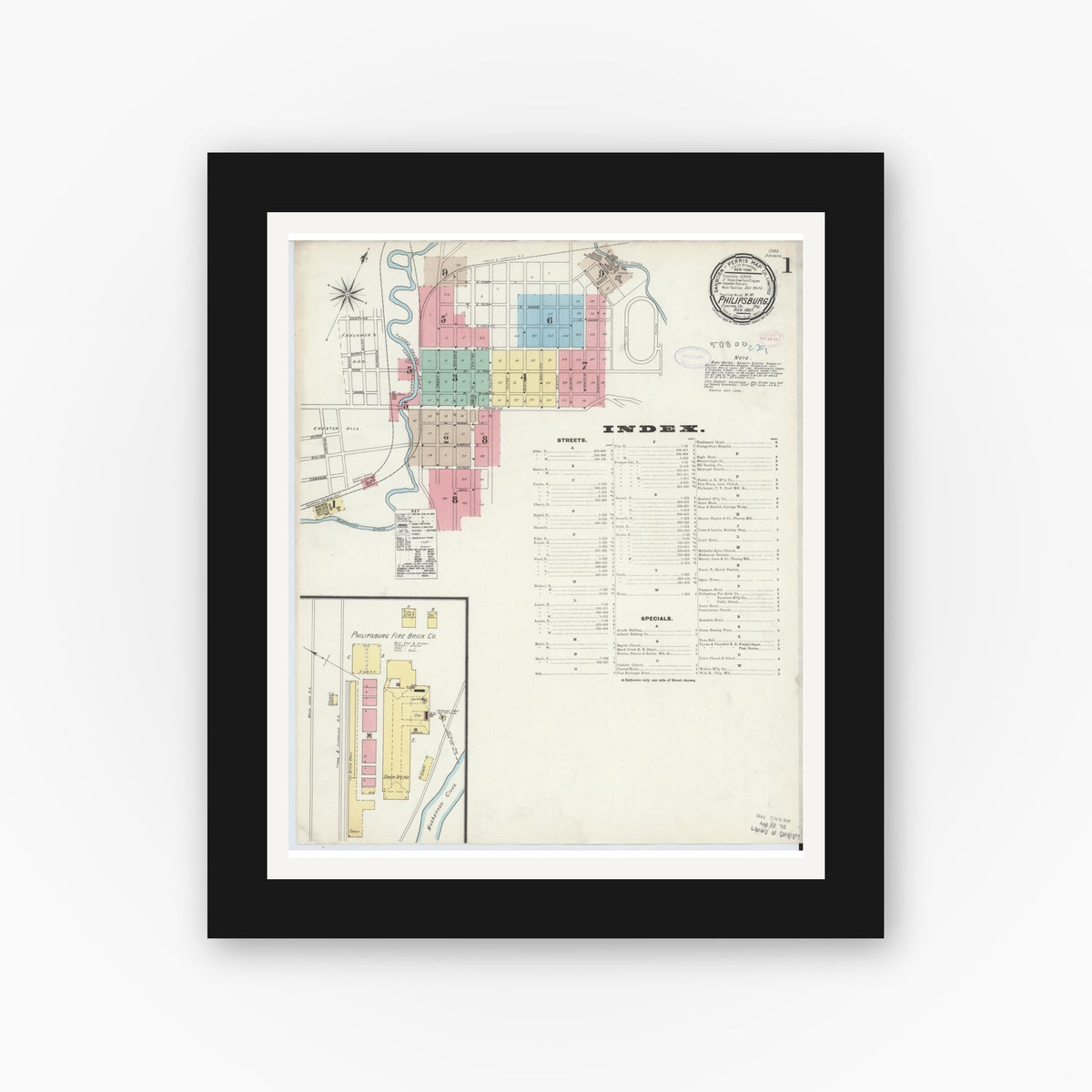 Old map wall art mockup — black gallery frame with white mat — Sanborn Fire Insurance Map from Philipsburg, Centre County, Pennsylvania (1897) - Complete Map Set