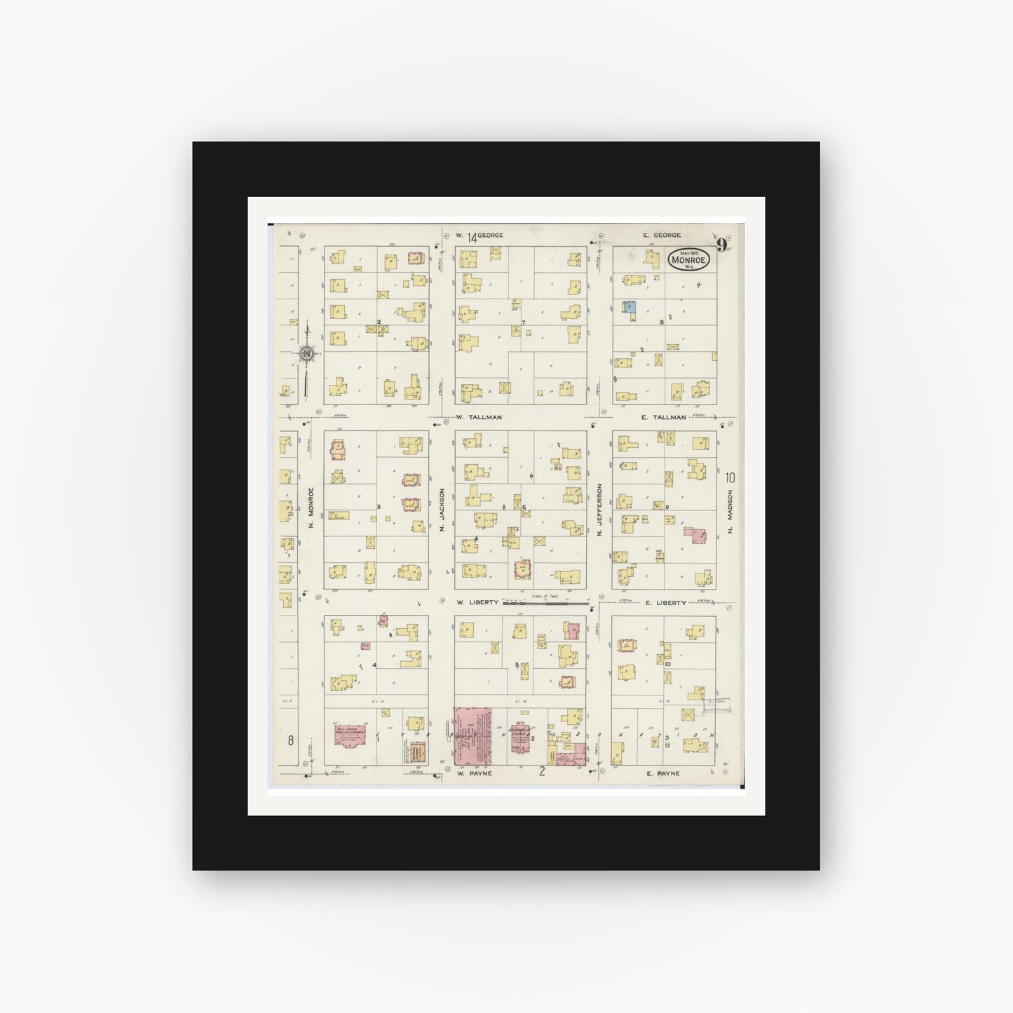 Old map wall art mockup — black gallery frame with white mat — Sanborn Fire Insurance Map from Monroe, Green County, Wisconsin (1915), Sheet #0009