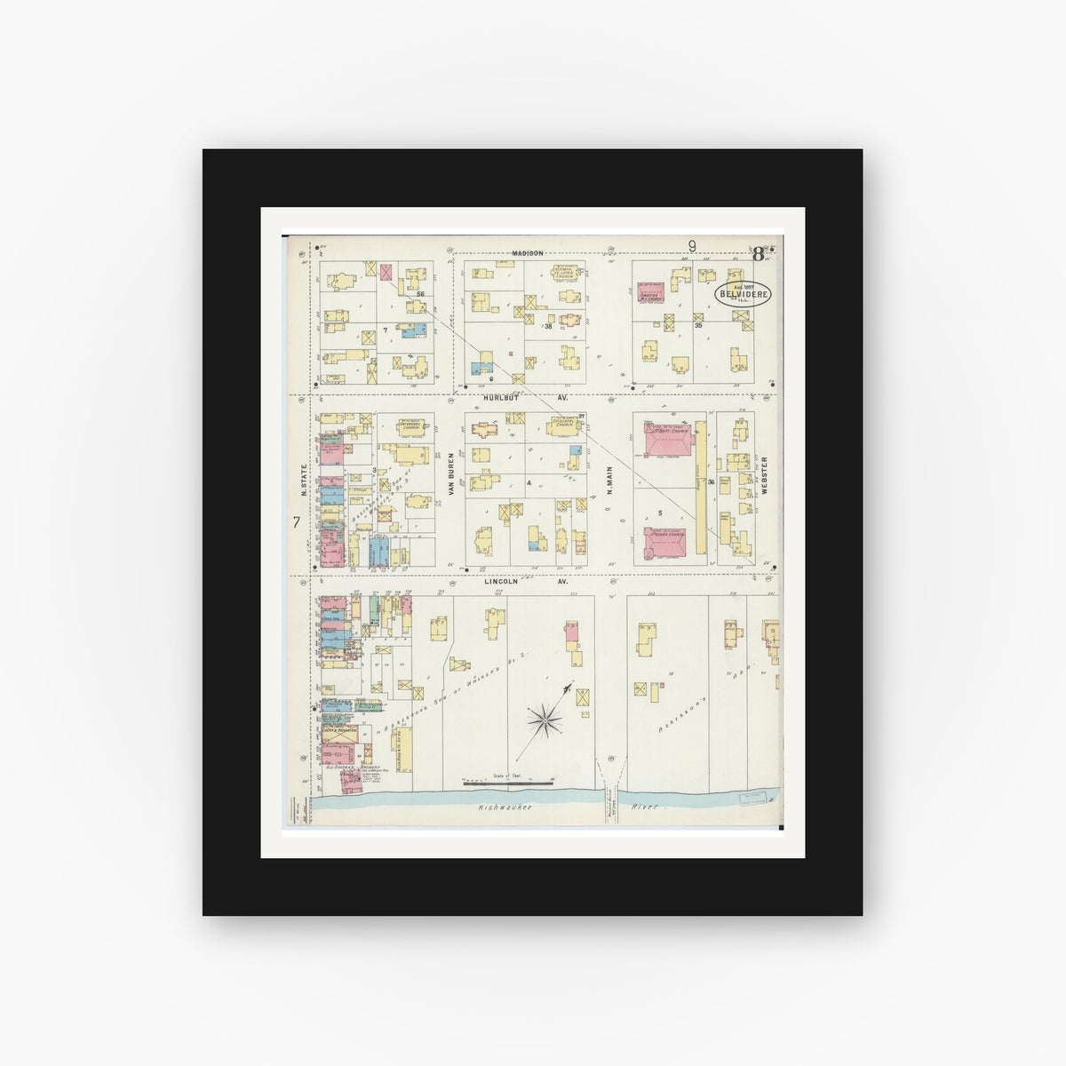 Old map wall art mockup — black gallery frame with white mat — Sanborn Fire Insurance Map from Belvidere, Boone County, Illinois (1897), Sheet #0008