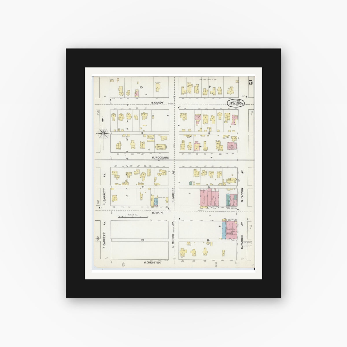 Old map wall art mockup — black gallery frame with white mat — Sanborn Fire Insurance Map from Denison, Grayson County, Texas (1892), Sheet #0005