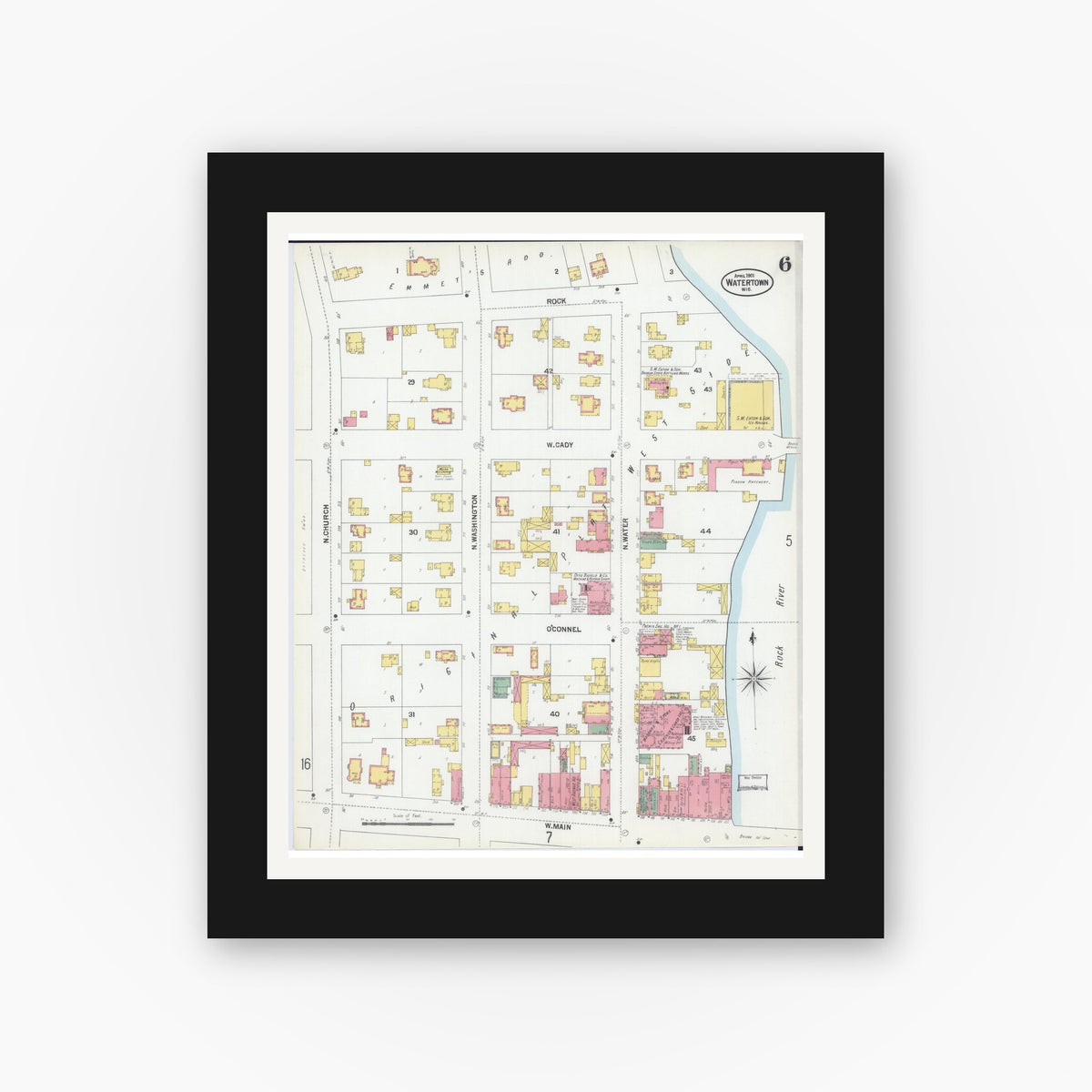 Old map wall art mockup — black gallery frame with white mat — Sanborn Fire Insurance Map from Watertown, Jefferson County, Wisconsin (1901), Sheet #0006