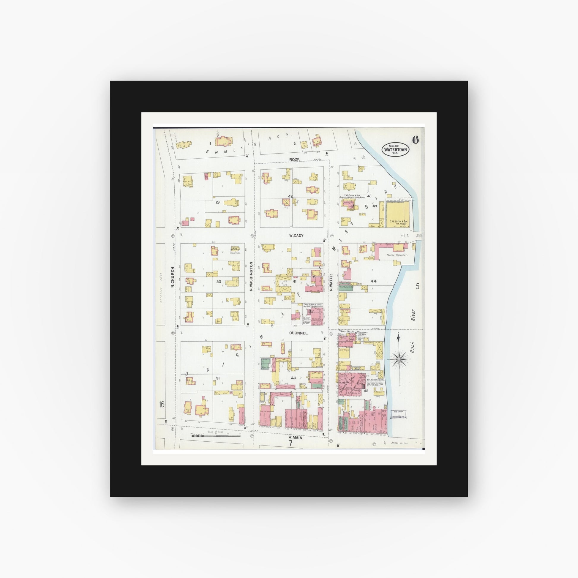 Old map wall art mockup — black gallery frame with white mat — Sanborn Fire Insurance Map from Watertown, Jefferson County, Wisconsin (1901), Sheet #0006