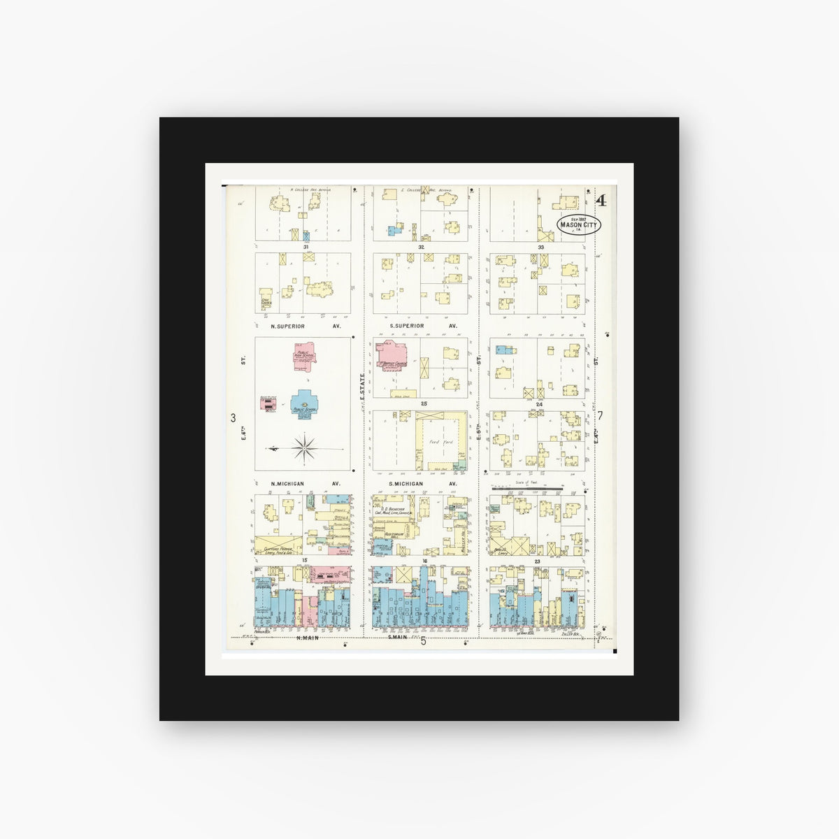 Old map wall art mockup — black gallery frame with white mat — Sanborn Fire Insurance Map from Mason City, Cerro Gordo County, Iowa (1897), Sheet #0004